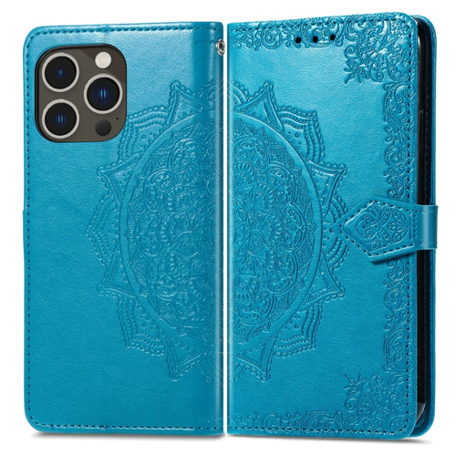 For  iPhone 15 Pro Max Mandala Flower Embossed Leather Phone Case(Blue) - HoMEdemic™ 