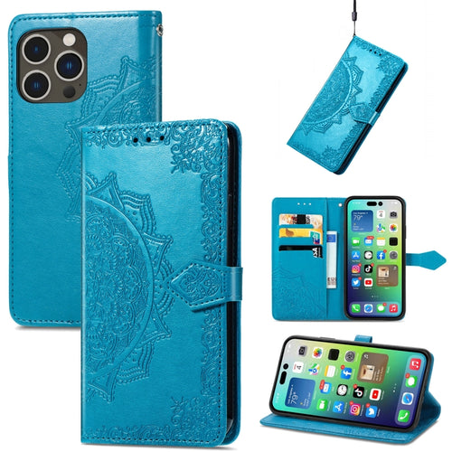 For  iPhone 15 Pro Max Mandala Flower Embossed Leather Phone Case(Blue) - HoMEdemic™ 