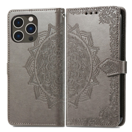 For  iPhone 15 Pro Max Mandala Flower Embossed Leather Phone Case(Gray) - HoMEdemic™ 