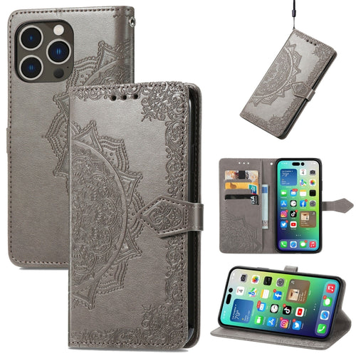 For  iPhone 15 Pro Max Mandala Flower Embossed Leather Phone Case(Gray) - HoMEdemic™ 