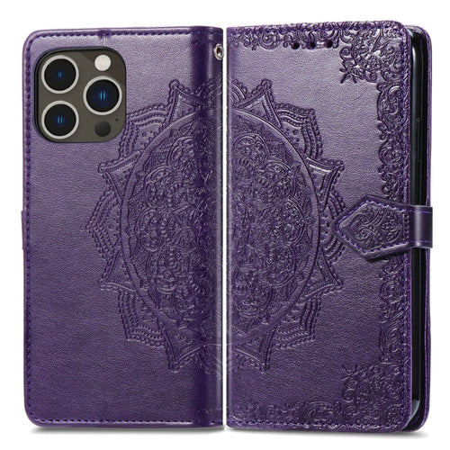 For  iPhone 15 Pro Max Mandala Flower Embossed Leather Phone Case(Purple) - HoMEdemic™ 