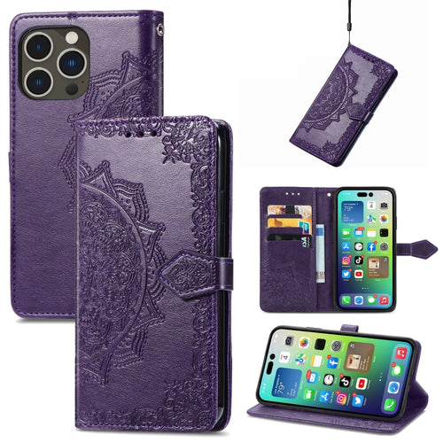 For  iPhone 15 Pro Max Mandala Flower Embossed Leather Phone Case(Purple) - HoMEdemic™ 