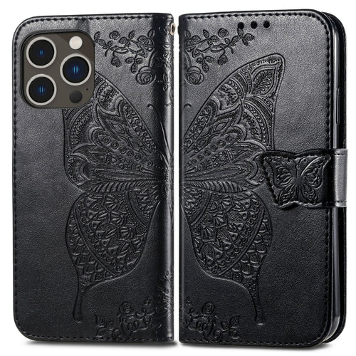 For iPhone 15 Pro Max Butterfly Love Flower Embossed Leather Phone Case(Black) - HoMEdemic™ 