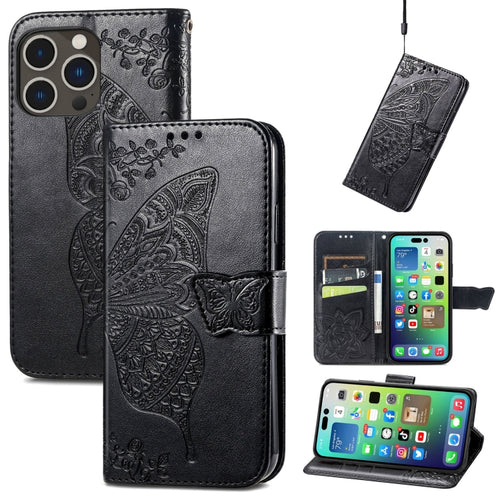 For iPhone 15 Pro Max Butterfly Love Flower Embossed Leather Phone Case(Black) - HoMEdemic™ 