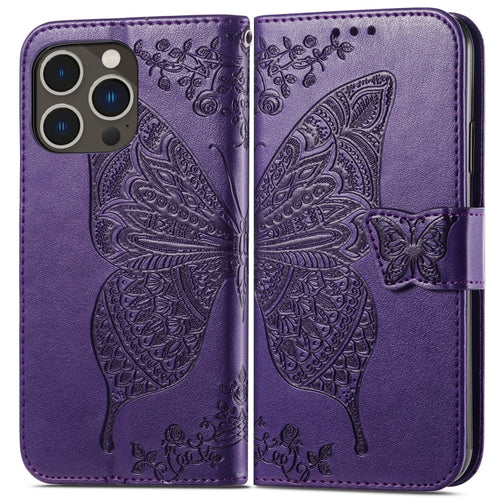 For iPhone 15 Pro Max Butterfly Love Flower Embossed Leather Phone Case(Dark Purple) - HoMEdemic™ 