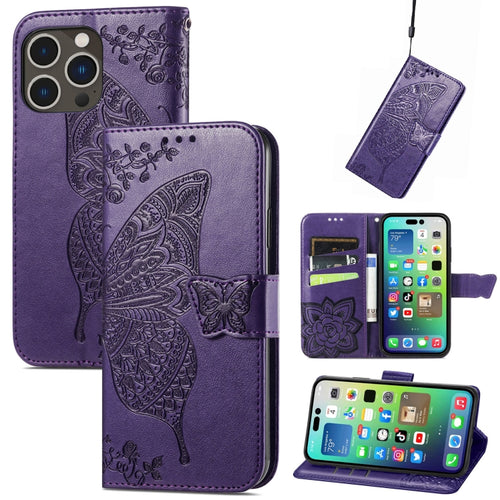 For iPhone 15 Pro Max Butterfly Love Flower Embossed Leather Phone Case(Dark Purple) - HoMEdemic™ 