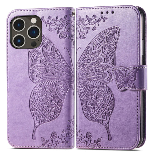 For iPhone 15 Pro Max Butterfly Love Flower Embossed Leather Phone Case(Light Purple) - HoMEdemic™ 