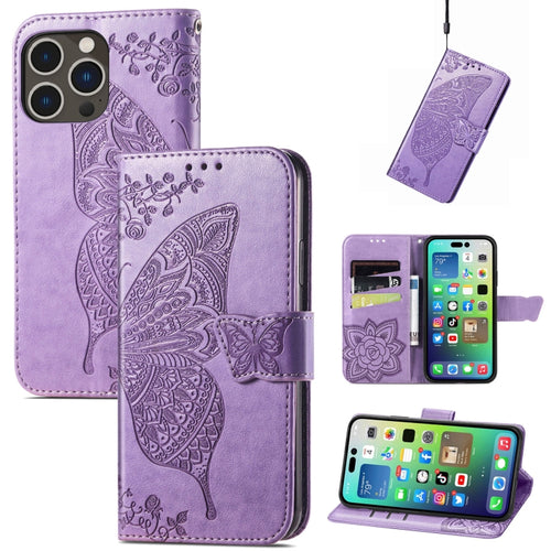 For iPhone 15 Pro Max Butterfly Love Flower Embossed Leather Phone Case(Light Purple) - HoMEdemic™ 