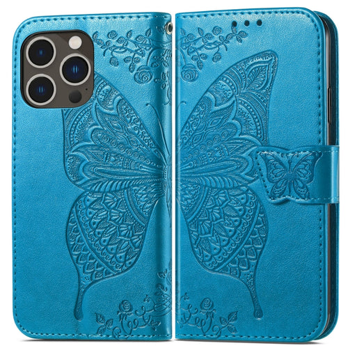 For iPhone 15 Pro Max Butterfly Love Flower Embossed Leather Phone Case(Blue) - HoMEdemic™ 