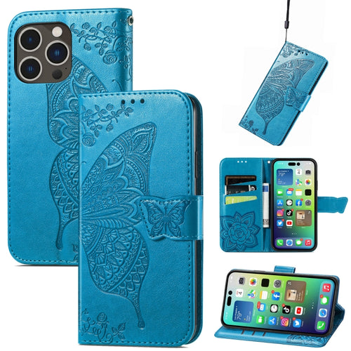 For iPhone 15 Pro Max Butterfly Love Flower Embossed Leather Phone Case(Blue) - HoMEdemic™ 