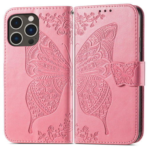 For iPhone 15 Pro Max Butterfly Love Flower Embossed Leather Phone Case(Pink) - HoMEdemic™ 