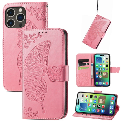 For iPhone 15 Pro Max Butterfly Love Flower Embossed Leather Phone Case(Pink) - HoMEdemic™ 