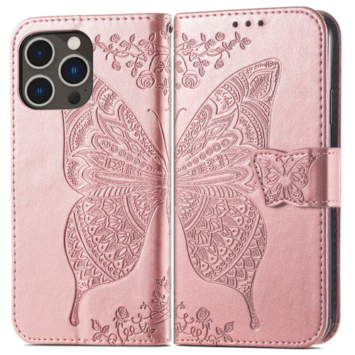 For iPhone 15 Pro Max Butterfly Love Flower Embossed Leather Phone Case(Rose Gold) - HoMEdemic™ 