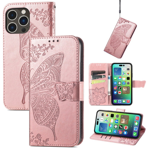 For iPhone 15 Pro Max Butterfly Love Flower Embossed Leather Phone Case(Rose Gold) - HoMEdemic™ 