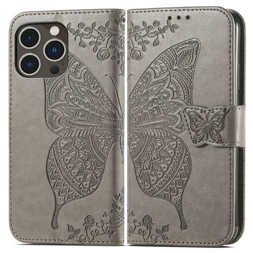 For iPhone 15 Pro Max Butterfly Love Flower Embossed Leather Phone Case(Gray) - HoMEdemic™ 