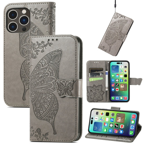 For iPhone 15 Pro Max Butterfly Love Flower Embossed Leather Phone Case(Gray) - HoMEdemic™ 