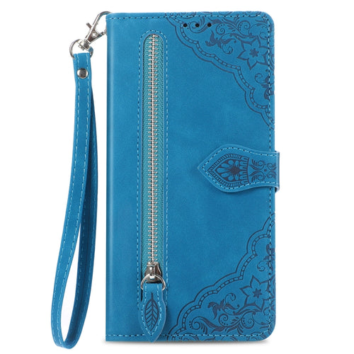 For iPhone 15 Pro Max Embossed Flower Zipper Leather Phone Case(Blue) - HoMEdemic™ 