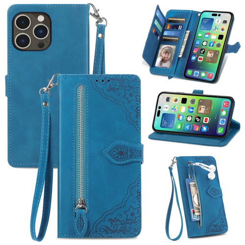 For iPhone 15 Pro Max Embossed Flower Zipper Leather Phone Case(Blue) - HoMEdemic™ 