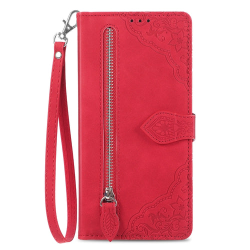 For iPhone 15 Pro Max Embossed Flower Zipper Leather Phone Case(Red) - HoMEdemic™ 