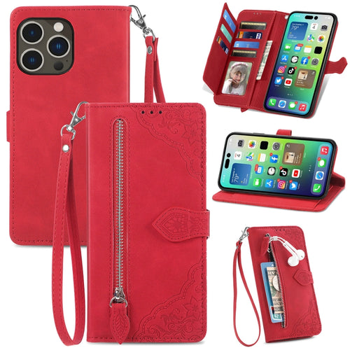 For iPhone 15 Pro Max Embossed Flower Zipper Leather Phone Case(Red) - HoMEdemic™ 