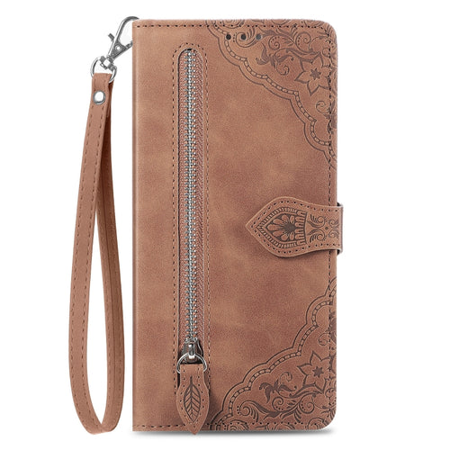 For iPhone 15 Pro Max Embossed Flower Zipper Leather Phone Case(Brown) - HoMEdemic™ 