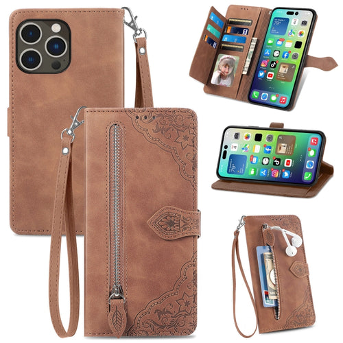 For iPhone 15 Pro Max Embossed Flower Zipper Leather Phone Case(Brown) - HoMEdemic™ 