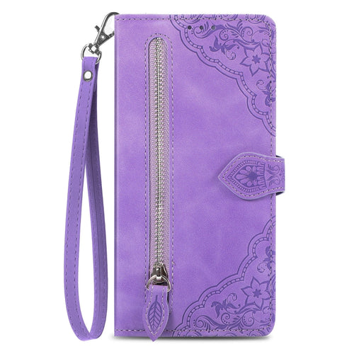 For iPhone 15 Pro Max Embossed Flower Zipper Leather Phone Case(Purple) - HoMEdemic™ 