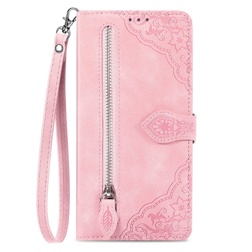 For iPhone 15 Pro Max Embossed Flower Zipper Leather Phone Case(Pink) - HoMEdemic™ 