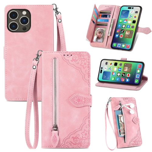 For iPhone 15 Pro Max Embossed Flower Zipper Leather Phone Case(Pink) - HoMEdemic™ 