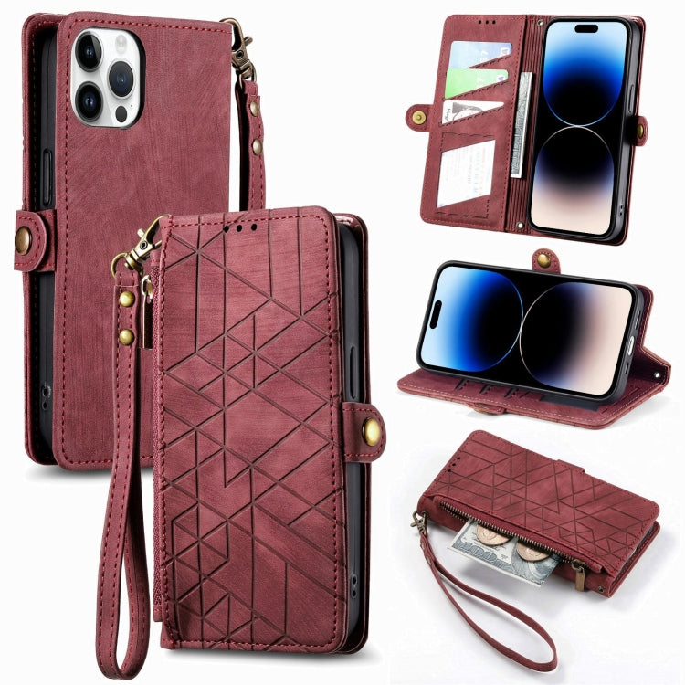 For iPhone 15 Pro Geometric Zipper Wallet Side Buckle Leather Phone Case(Red) - HoMEdemic™ 