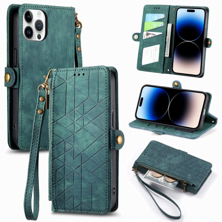 For iPhone 15 Pro Geometric Zipper Wallet Side Buckle Leather Phone Case(Green) - HoMEdemic™ 