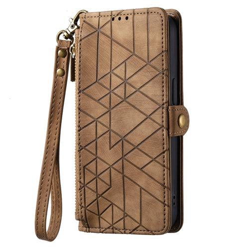 For iPhone 15 Pro Max Geometric Zipper Wallet Side Buckle Leather Phone Case(Brown) - HoMEdemic™ 