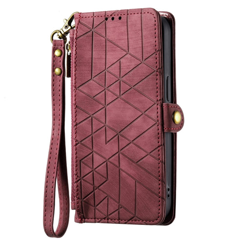 For iPhone 15 Pro Max Geometric Zipper Wallet Side Buckle Leather Phone Case(Red) - HoMEdemic™ 