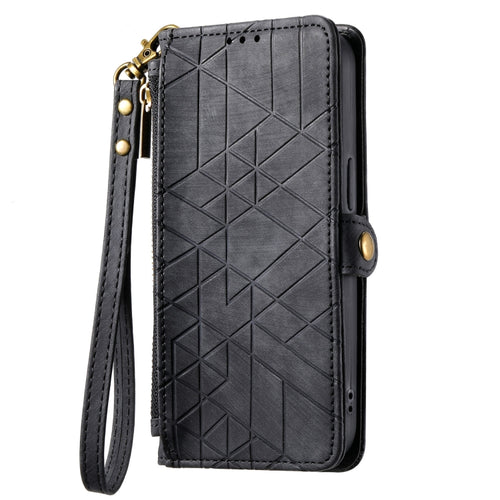 For iPhone 15 Pro Max Geometric Zipper Wallet Side Buckle Leather Phone Case(Black) - HoMEdemic™ 