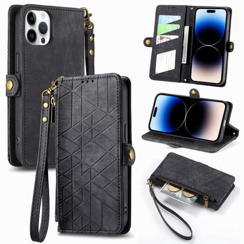 For iPhone 15 Pro Max Geometric Zipper Wallet Side Buckle Leather Phone Case(Black) - HoMEdemic™ 