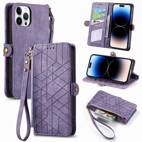 For iPhone 15 Pro Max Geometric Zipper Wallet Side Buckle Leather Phone Case(Purple) - HoMEdemic™ 