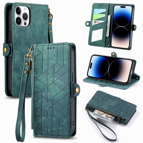 For iPhone 15 Pro Max Geometric Zipper Wallet Side Buckle Leather Phone Case(Green) - HoMEdemic™ 