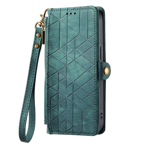 For iPhone 15 Pro Max Geometric Zipper Wallet Side Buckle Leather Phone Case(Green) - HoMEdemic™ 