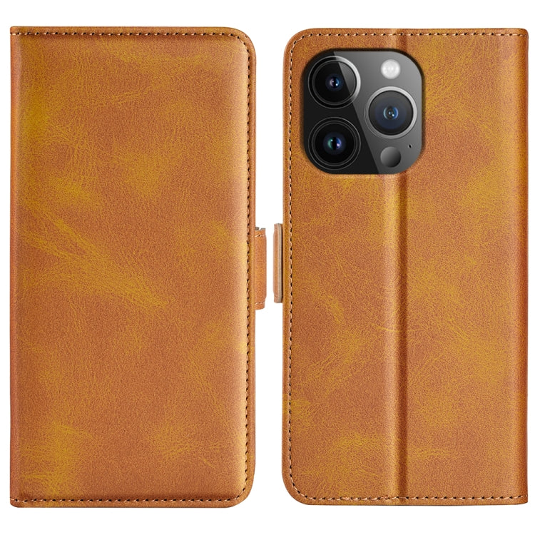 For iPhone 15 Pro Dual-side Magnetic Buckle Horizontal Flip Leather Phone Case(Yellow) - HoMEdemic™ 