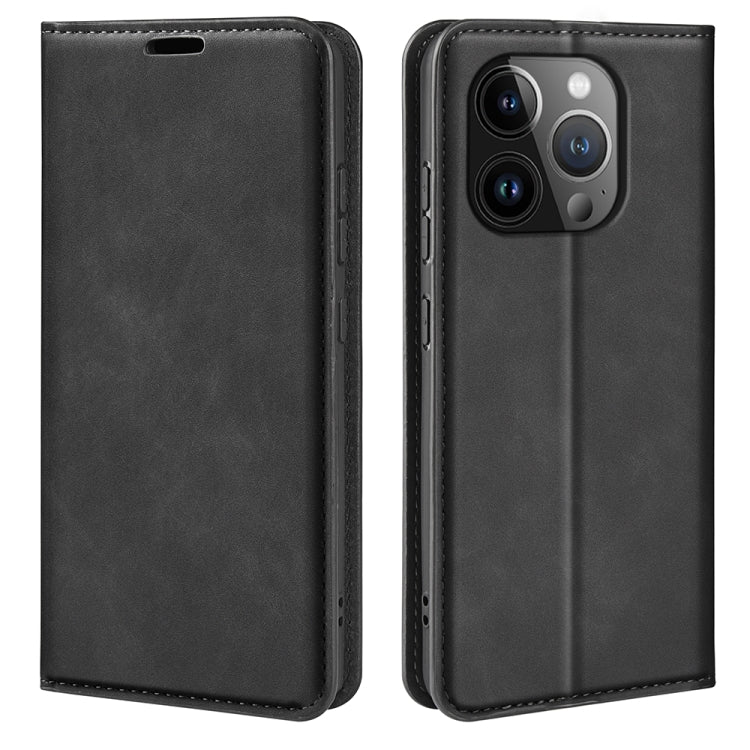 For iPhone 15 Pro Retro-skin  Magnetic Suction Leather Phone Case(Black) - HoMEdemic™ 