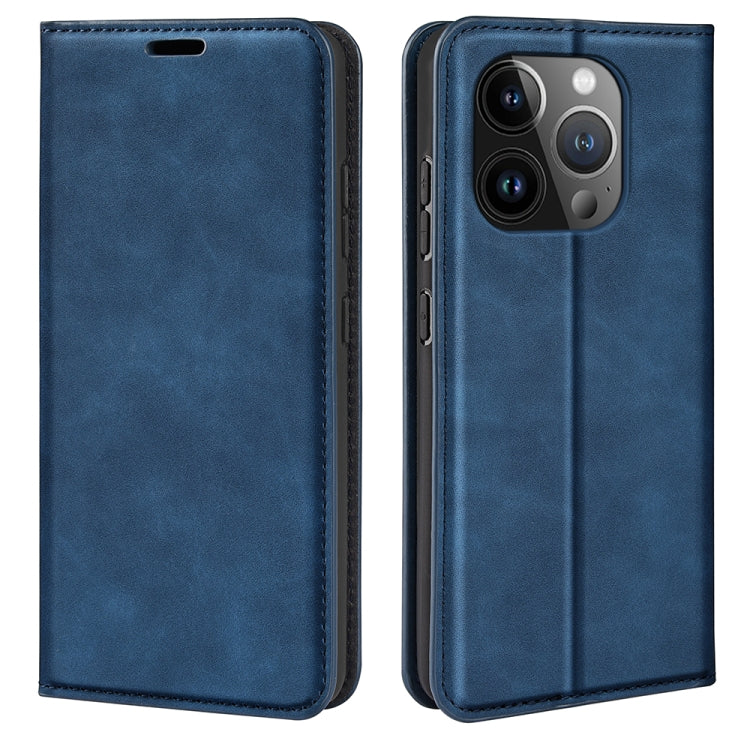 For iPhone 15 Pro Retro-skin  Magnetic Suction Leather Phone Case(Dark Blue) - HoMEdemic™ 
