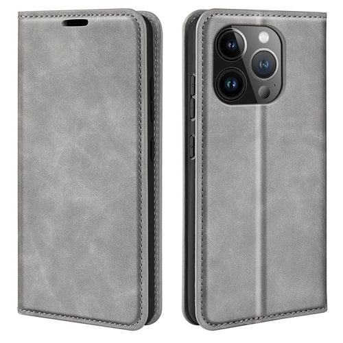 For iPhone 15 Pro Max Retro-skin  Magnetic Suction Leather Phone Case(Grey) - HoMEdemic™ 