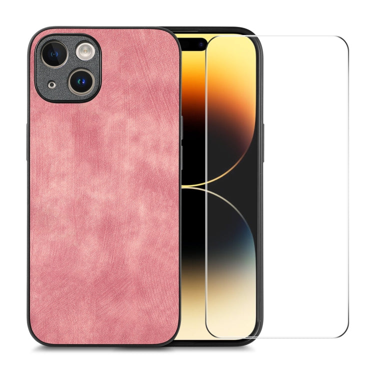 For iPhone 15 Plus ENKAY Retro Leather Skin PC Phone Case with High Aluminum-silicon Glass Film(Pink) - HoMEdemic™ 