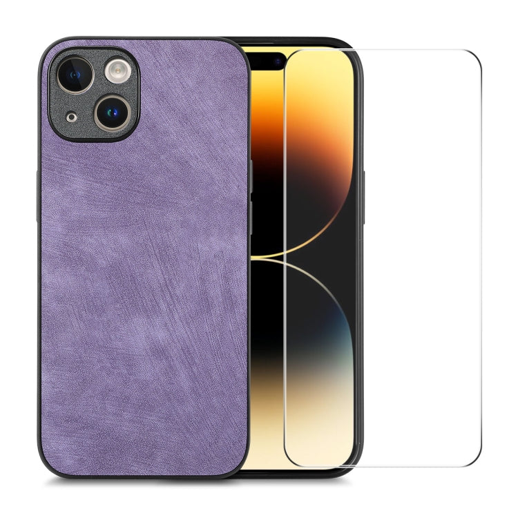 For iPhone 15 Plus ENKAY Retro Leather Skin PC Phone Case with High Aluminum-silicon Glass Film(Purple) - HoMEdemic™ 