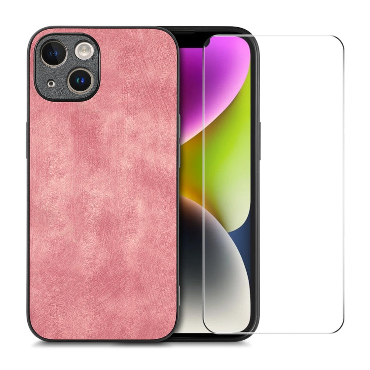 For iPhone 14 Plus ENKAY Retro Leather Skin PC Phone Case with High Aluminum-silicon Glass Film(Pink) - HoMEdemic™ 