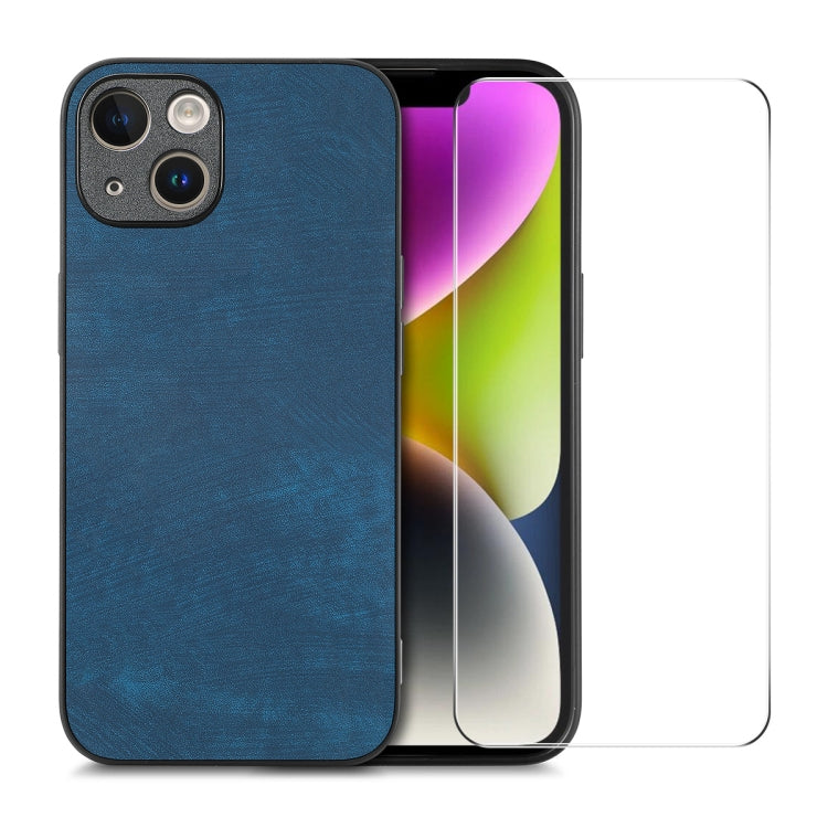 For iPhone 14 Plus ENKAY Retro Leather Skin PC Phone Case with High Aluminum-silicon Glass Film(Blue) - HoMEdemic™ 