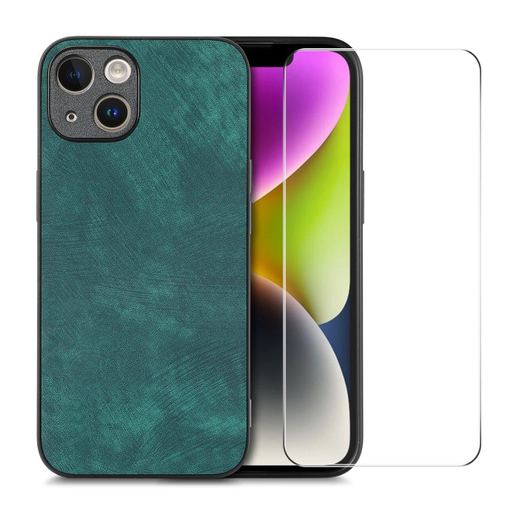 For iPhone 14 Plus ENKAY Retro Leather Skin PC Phone Case with High Aluminum-silicon Glass Film(Green) - HoMEdemic™ 