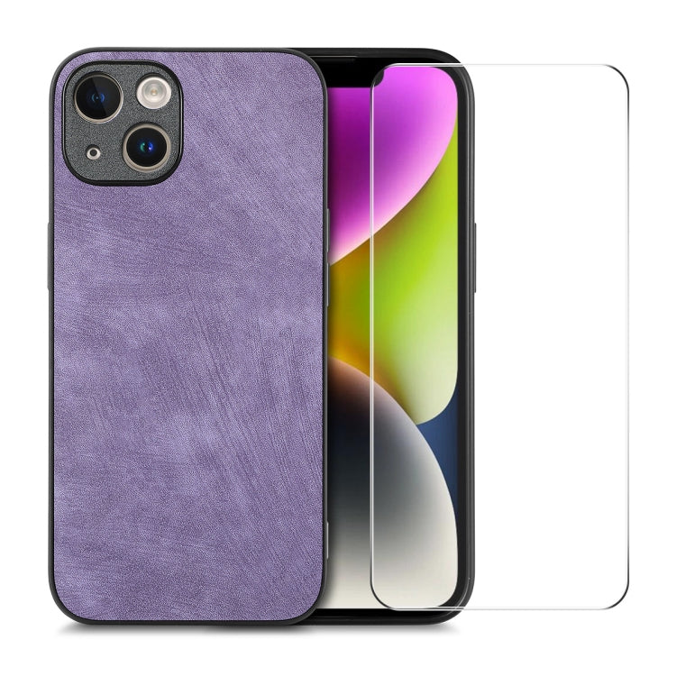 For iPhone 14 ENKAY Retro Leather Skin PC Phone Case with High Aluminum-silicon Glass Film(Purple) - HoMEdemic™ 