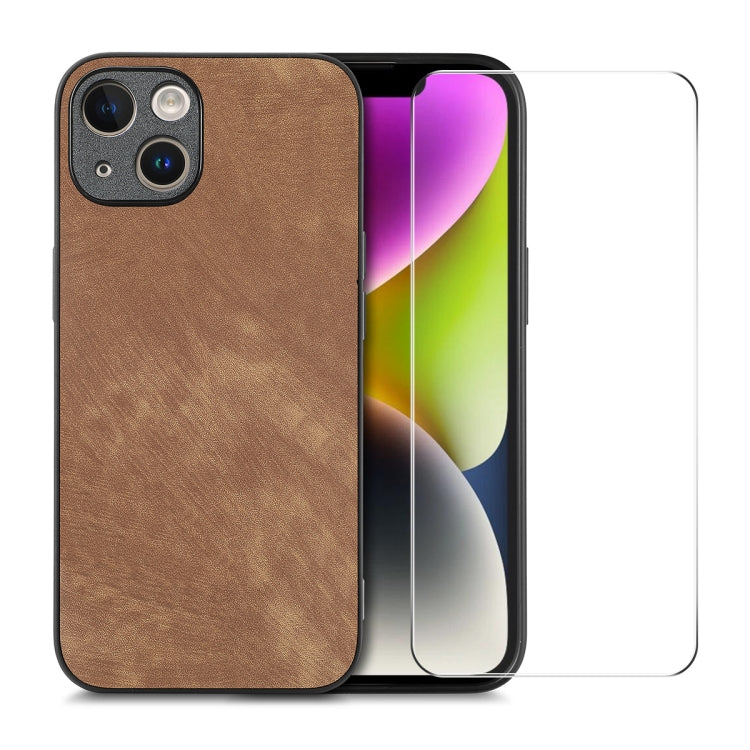 For iPhone 14 ENKAY Retro Leather Skin PC Phone Case with High Aluminum-silicon Glass Film(Brown) - HoMEdemic™ 
