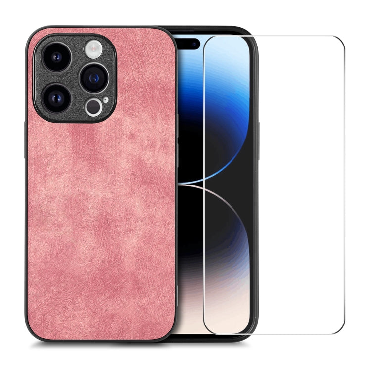 For iPhone 14 Pro Max ENKAY Retro Leather Skin PC Phone Case with High Aluminum-silicon Glass Film(Pink) - HoMEdemic™ 